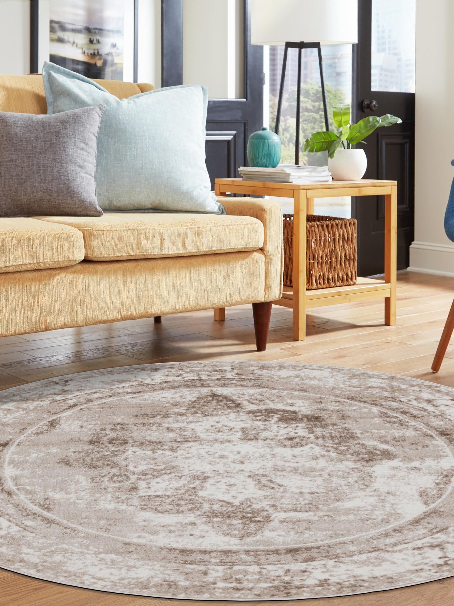 Beige 6' 1 x 6' 1 Sofia Round Area Rug Durable Easy Clean Stain Resistant Unique Carpet for Affordable Interior Home Design for Sale at Rug Engine