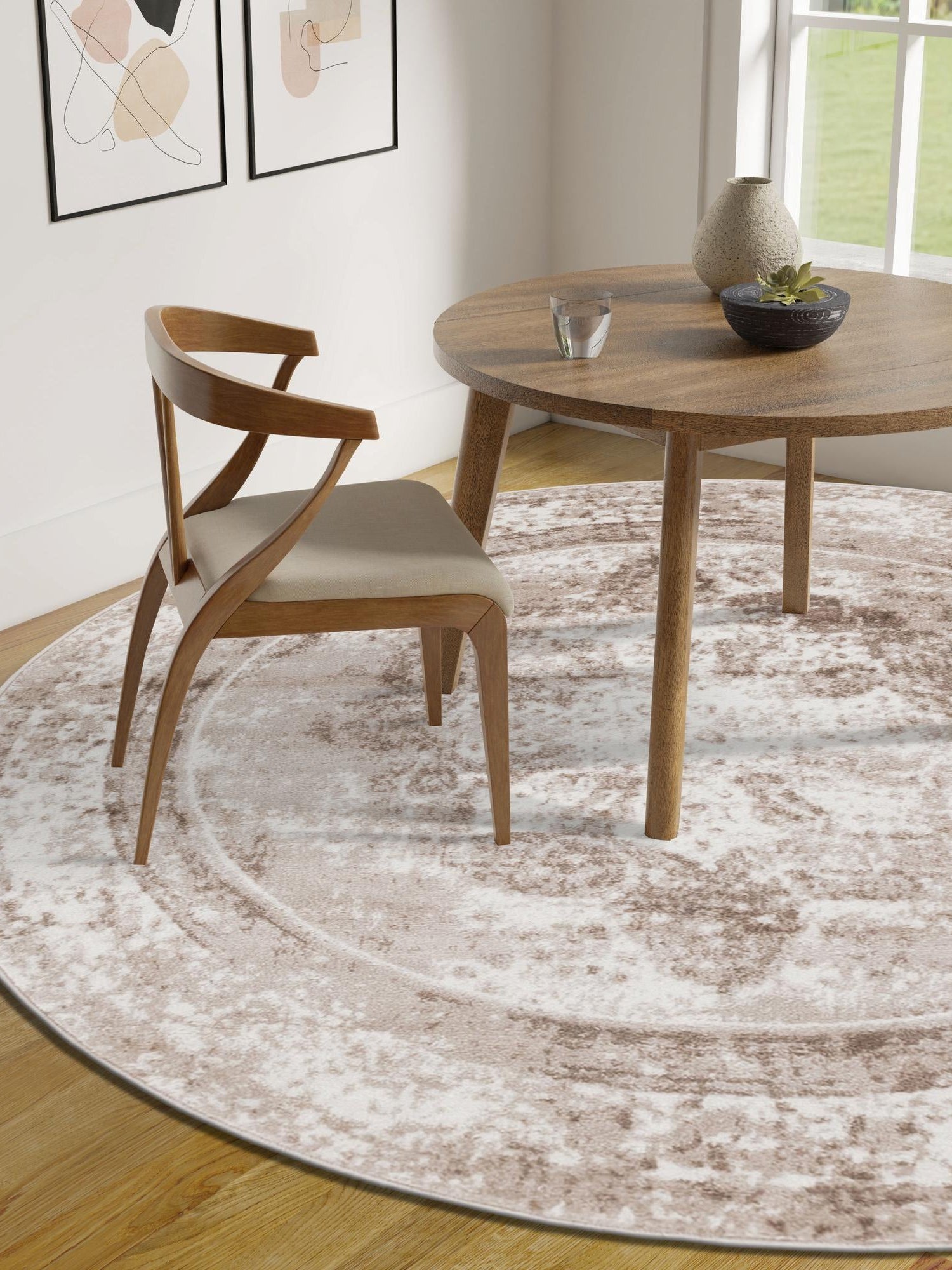 Beige 4' 1 x 4' 1 Sofia Round Area Rug Durable Easy Clean Stain Resistant Unique Carpet for Affordable Interior Home Design for Sale at Rug Engine