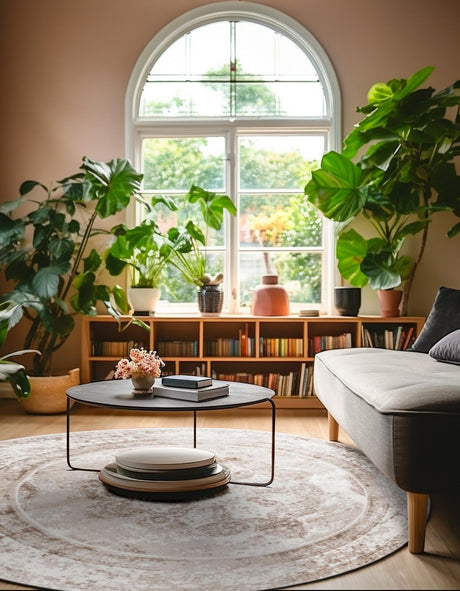 Beige 6' 1 x 6' 1 Sofia Round Area Rug Durable Easy Clean Stain Resistant Unique Carpet for Affordable Interior Home Design for Sale at Rug Engine