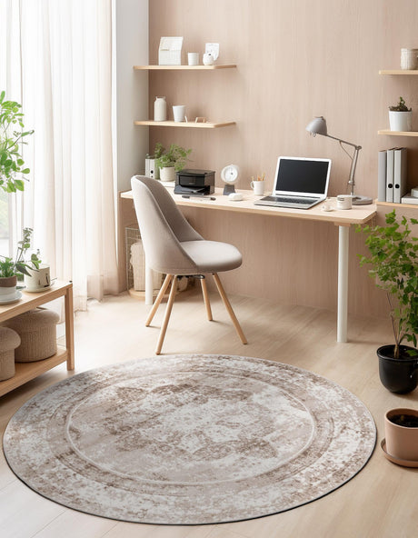 Beige 5' 3 x 5' 3 Sofia Round Area Rug Durable Easy Clean Stain Resistant Unique Carpet for Affordable Interior Home Design for Sale at Rug Engine