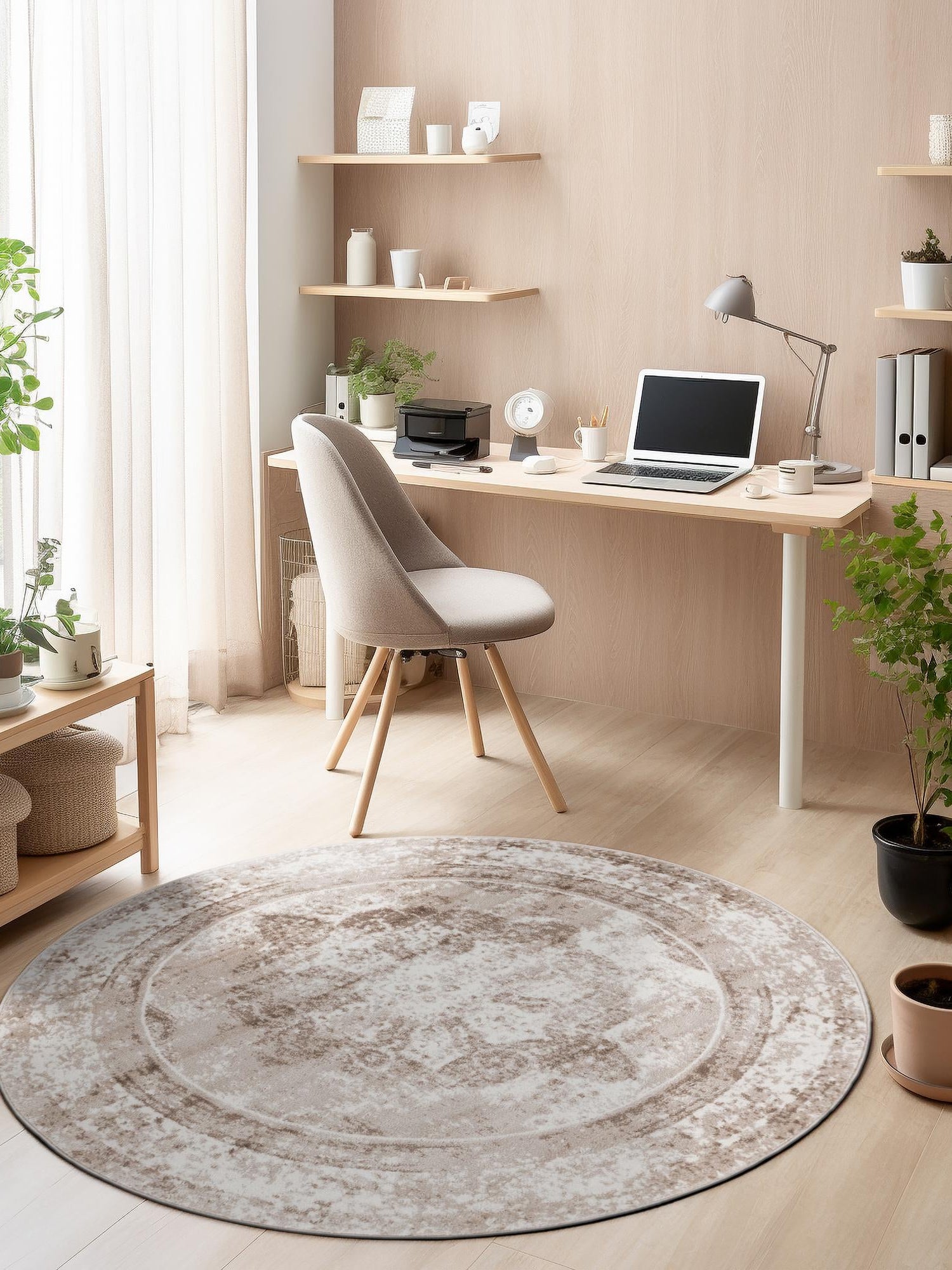 Beige 6' 1 x 6' 1 Sofia Round Area Rug Durable Easy Clean Stain Resistant Unique Carpet for Affordable Interior Home Design for Sale at Rug Engine