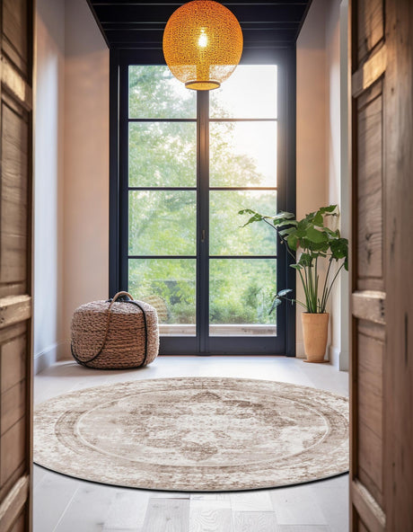 Beige 7' 10 x 7' 10 Sofia Round Area Rug Durable Easy Clean Stain Resistant Unique Carpet for Affordable Interior Home Design for Sale at Rug Engine
