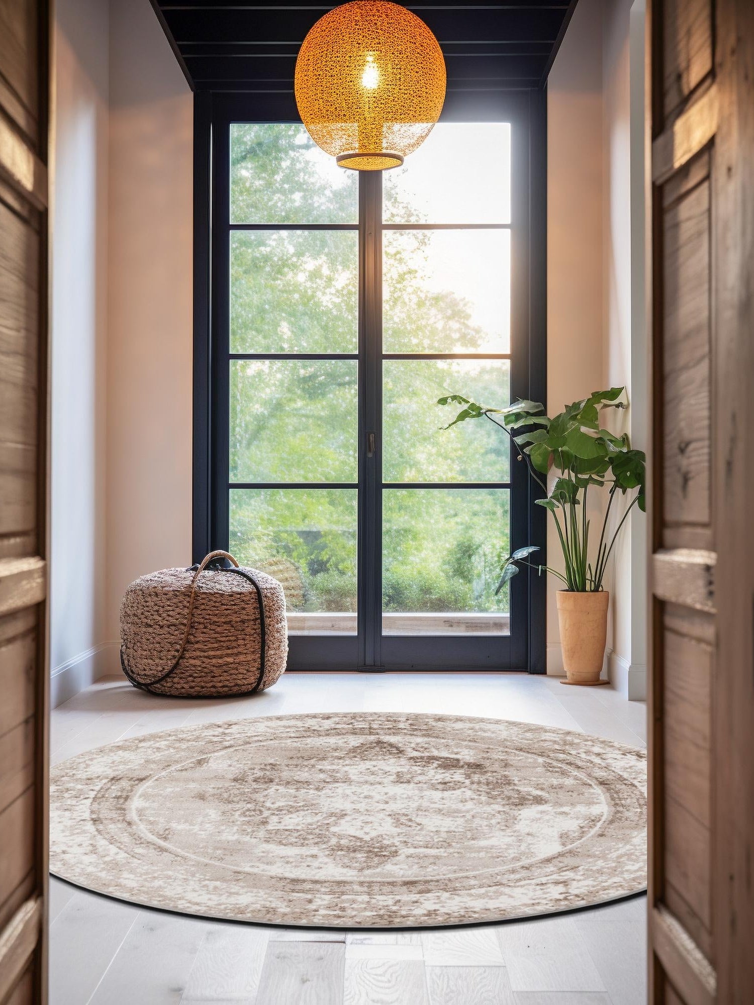 Beige 7' 1 x 7' 1 Sofia Round Area Rug Durable Easy Clean Stain Resistant Unique Carpet for Affordable Interior Home Design for Sale at Rug Engine