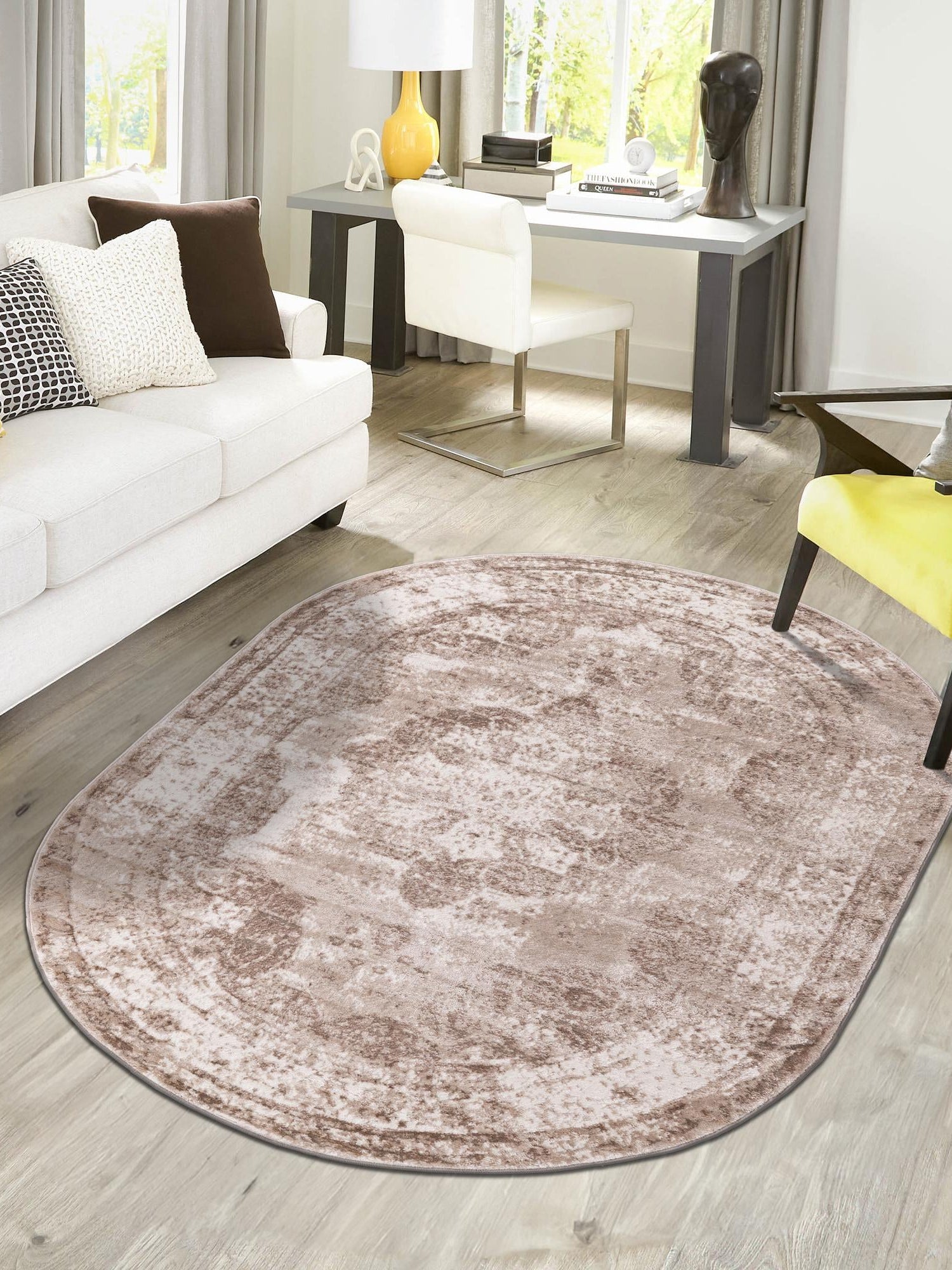 Beige 7' 10 x 10' Sofia Oval Area Rug Durable Easy Clean Stain Resistant Unique Carpet for Affordable Interior Home Design for Sale at Rug Engine