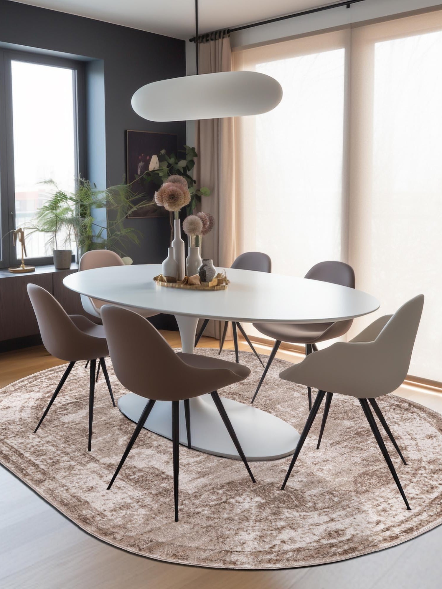 Beige 5' 3 x 8' Sofia Oval Area Rug Durable Easy Clean Stain Resistant Unique Carpet for Affordable Interior Home Design for Sale at Rug Engine