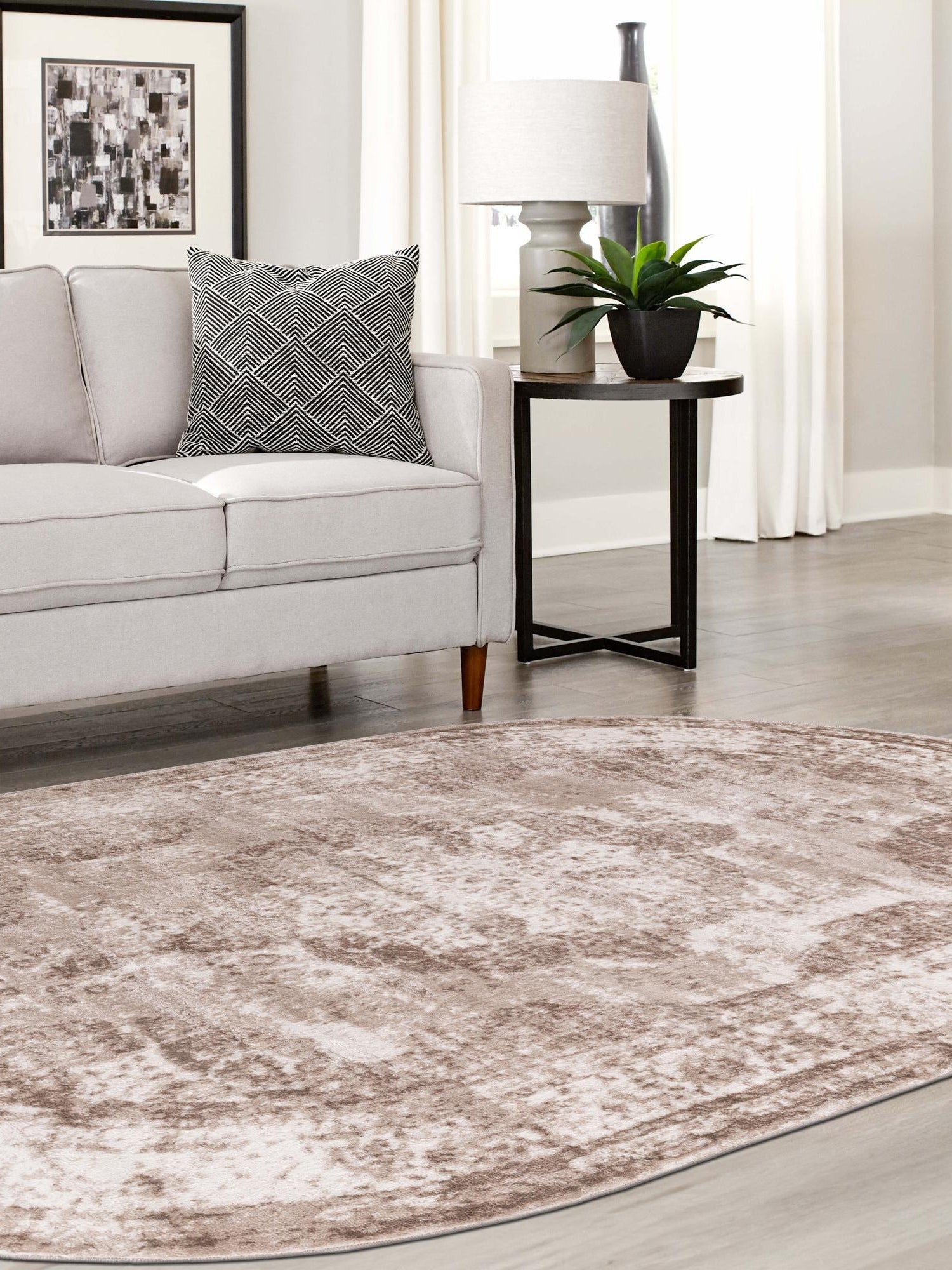 Beige 7' 10 x 10' Sofia Oval Area Rug Durable Easy Clean Stain Resistant Unique Carpet for Affordable Interior Home Design for Sale at Rug Engine