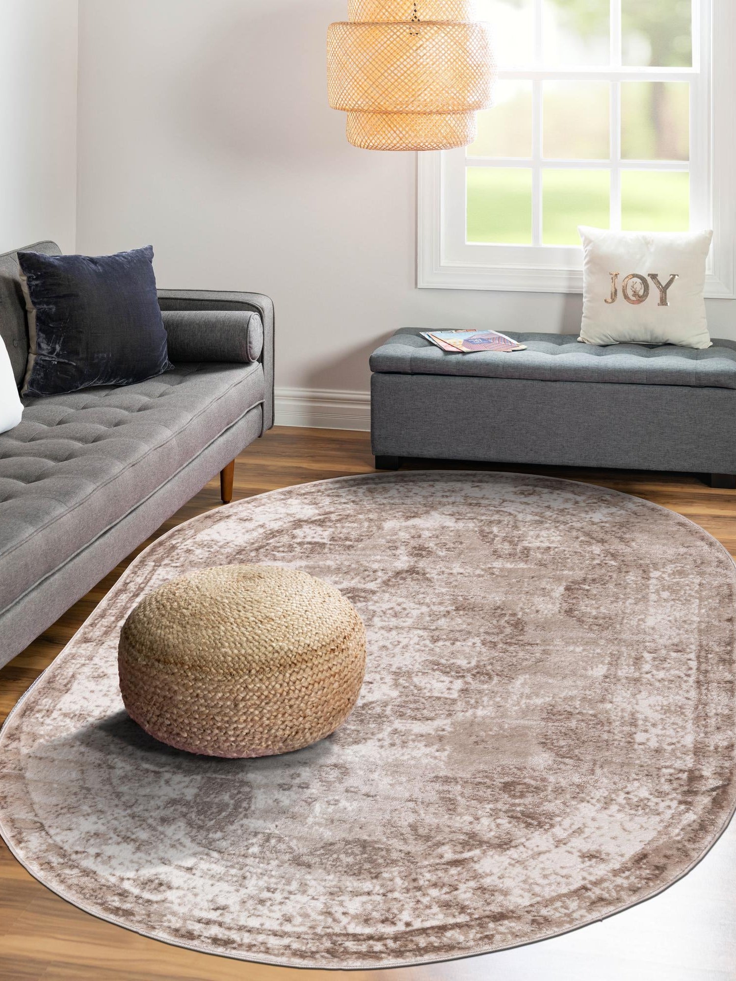 Beige 4' 1 x 6' 1 Sofia Oval Area Rug Durable Easy Clean Stain Resistant Unique Carpet for Affordable Interior Home Design for Sale at Rug Engine