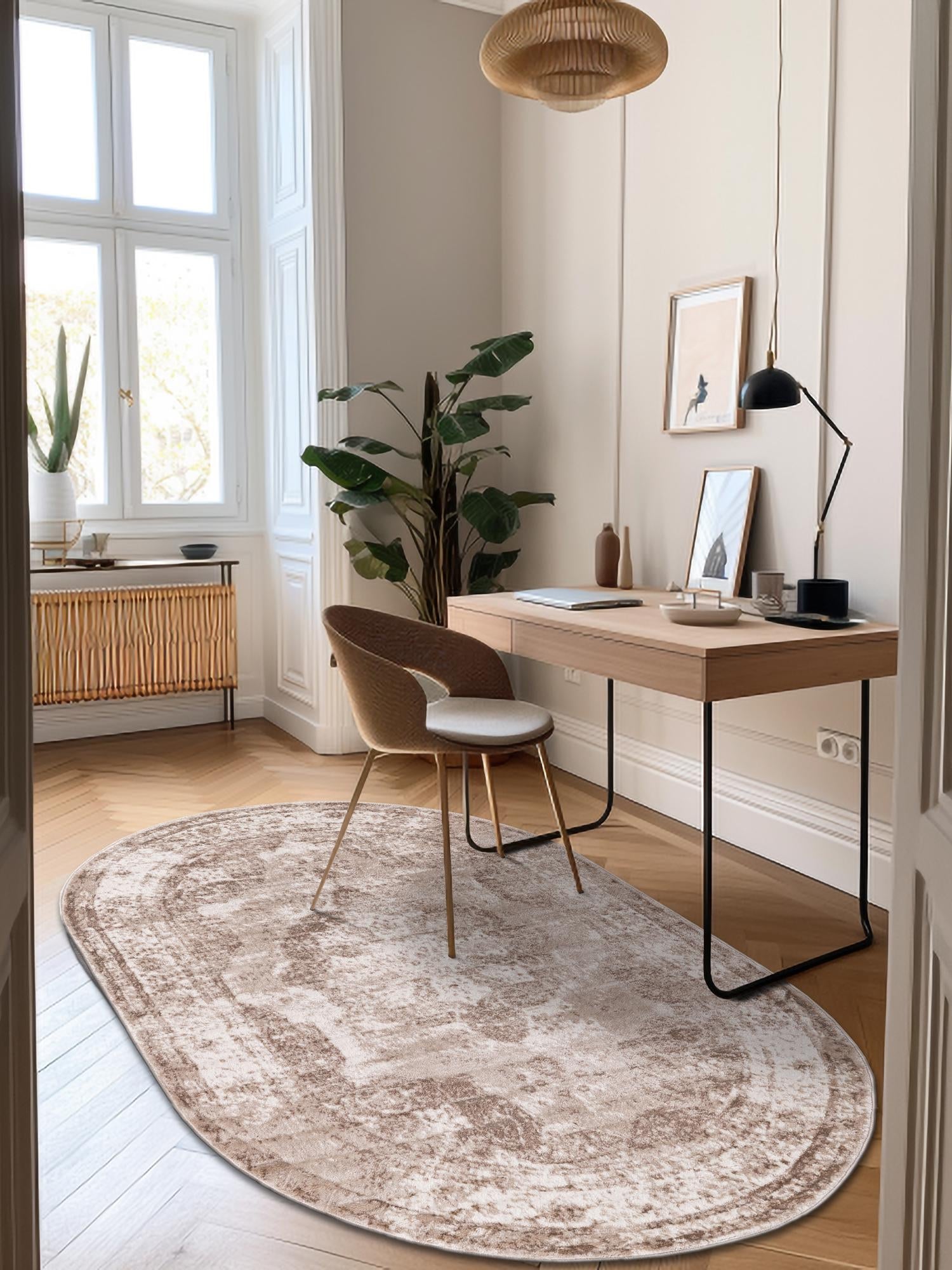 Beige 7' 10 x 10' Sofia Oval Area Rug Durable Easy Clean Stain Resistant Unique Carpet for Affordable Interior Home Design for Sale at Rug Engine