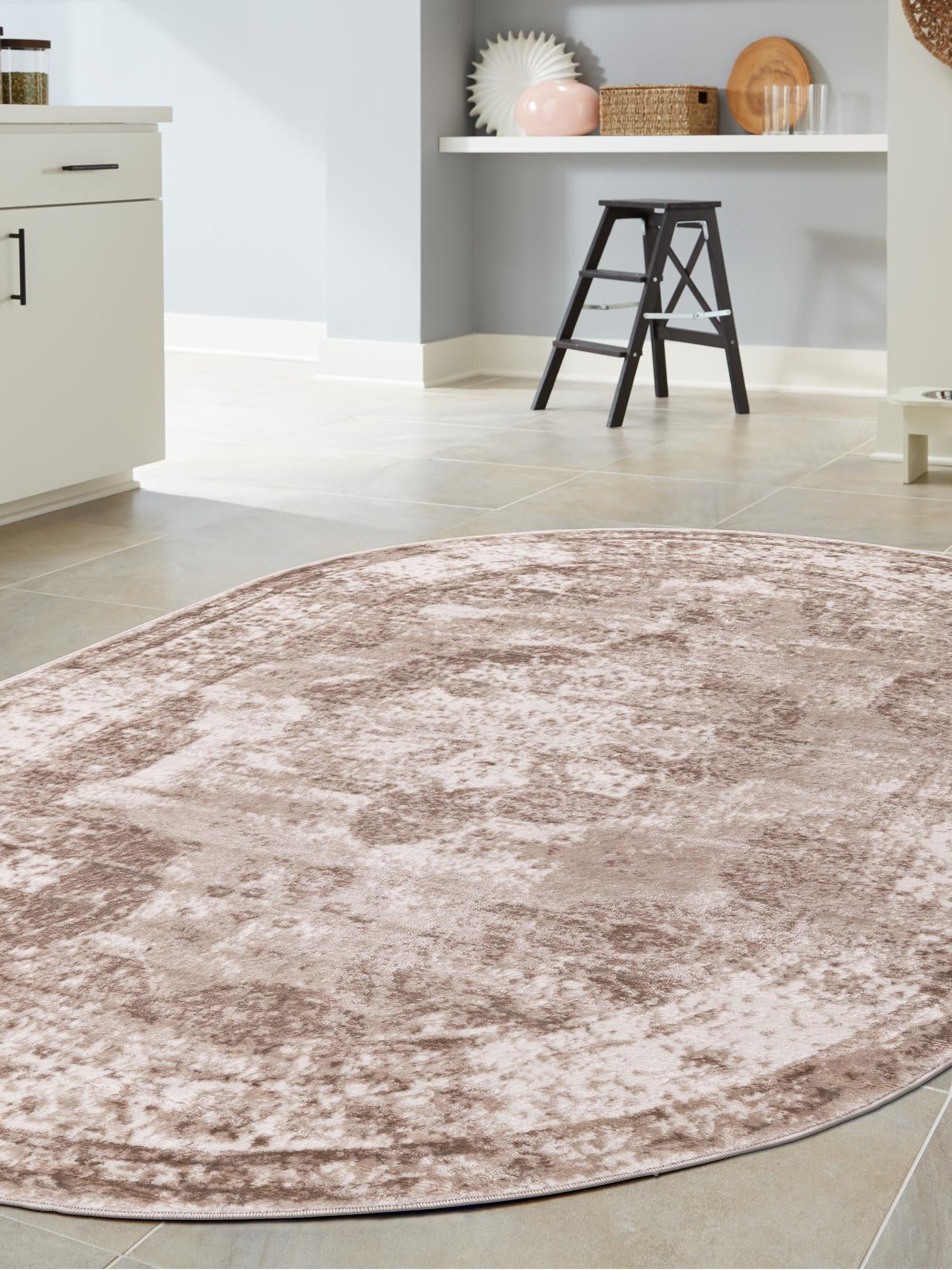 Beige 5' 3 x 8' Sofia Oval Area Rug Durable Easy Clean Stain Resistant Unique Carpet for Affordable Interior Home Design for Sale at Rug Engine