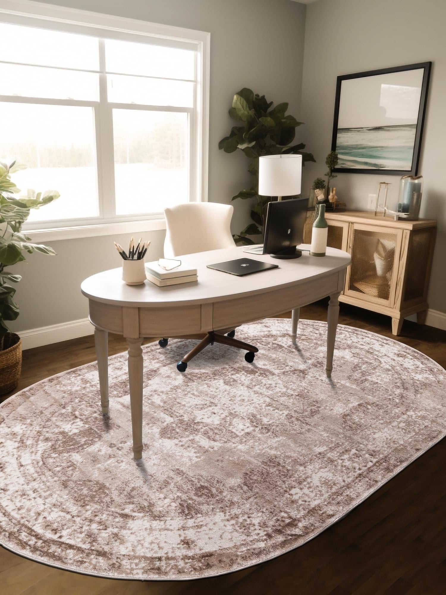 Beige 4' 1 x 6' 1 Sofia Oval Area Rug Durable Easy Clean Stain Resistant Unique Carpet for Affordable Interior Home Design for Sale at Rug Engine