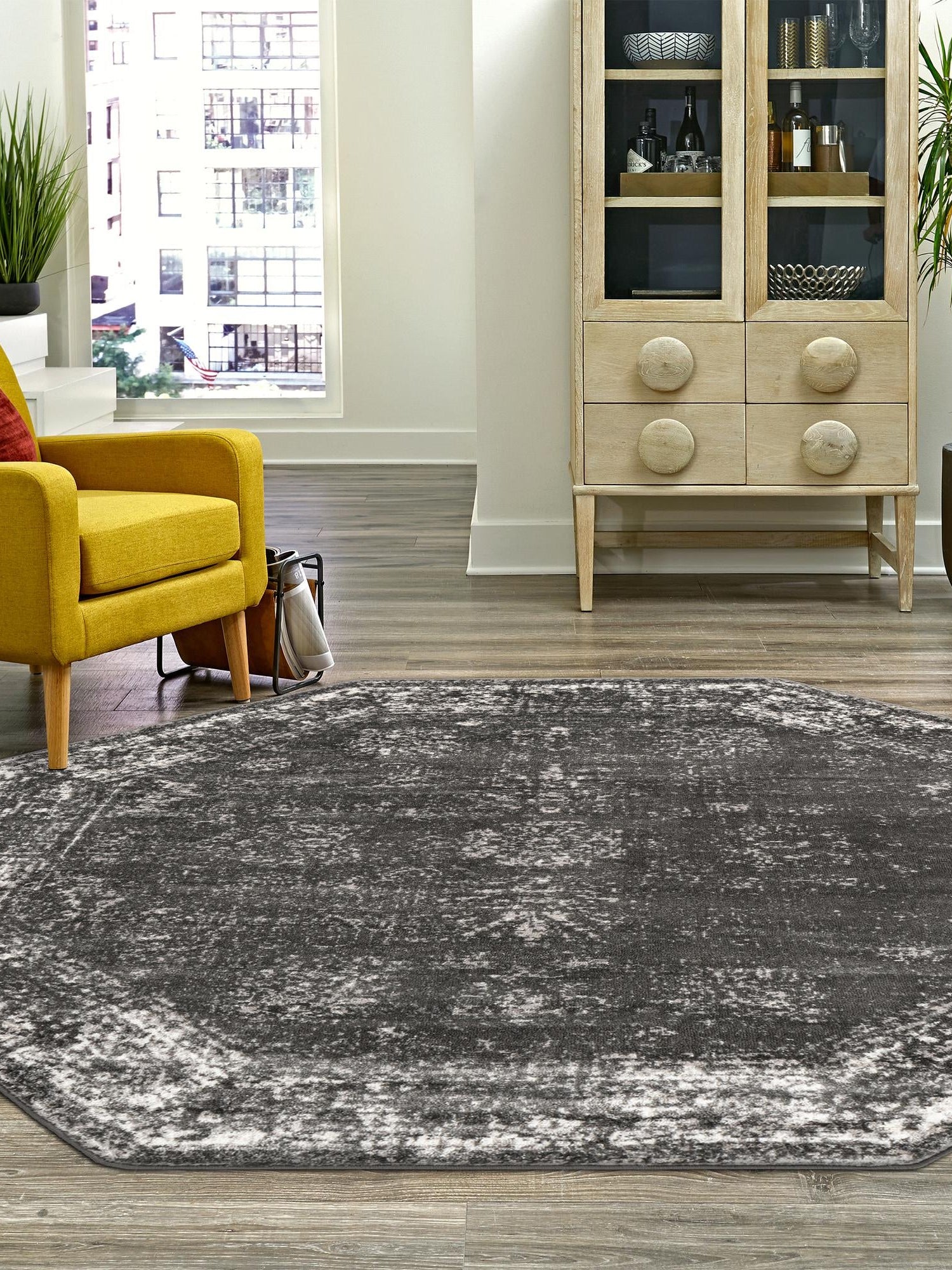 Dark Gray 7' 10 x 7' 10 Sofia Octagon Area Rug Durable Easy Clean Stain Resistant Unique Carpet for Affordable Interior Home Design for Sale at Rug Engine