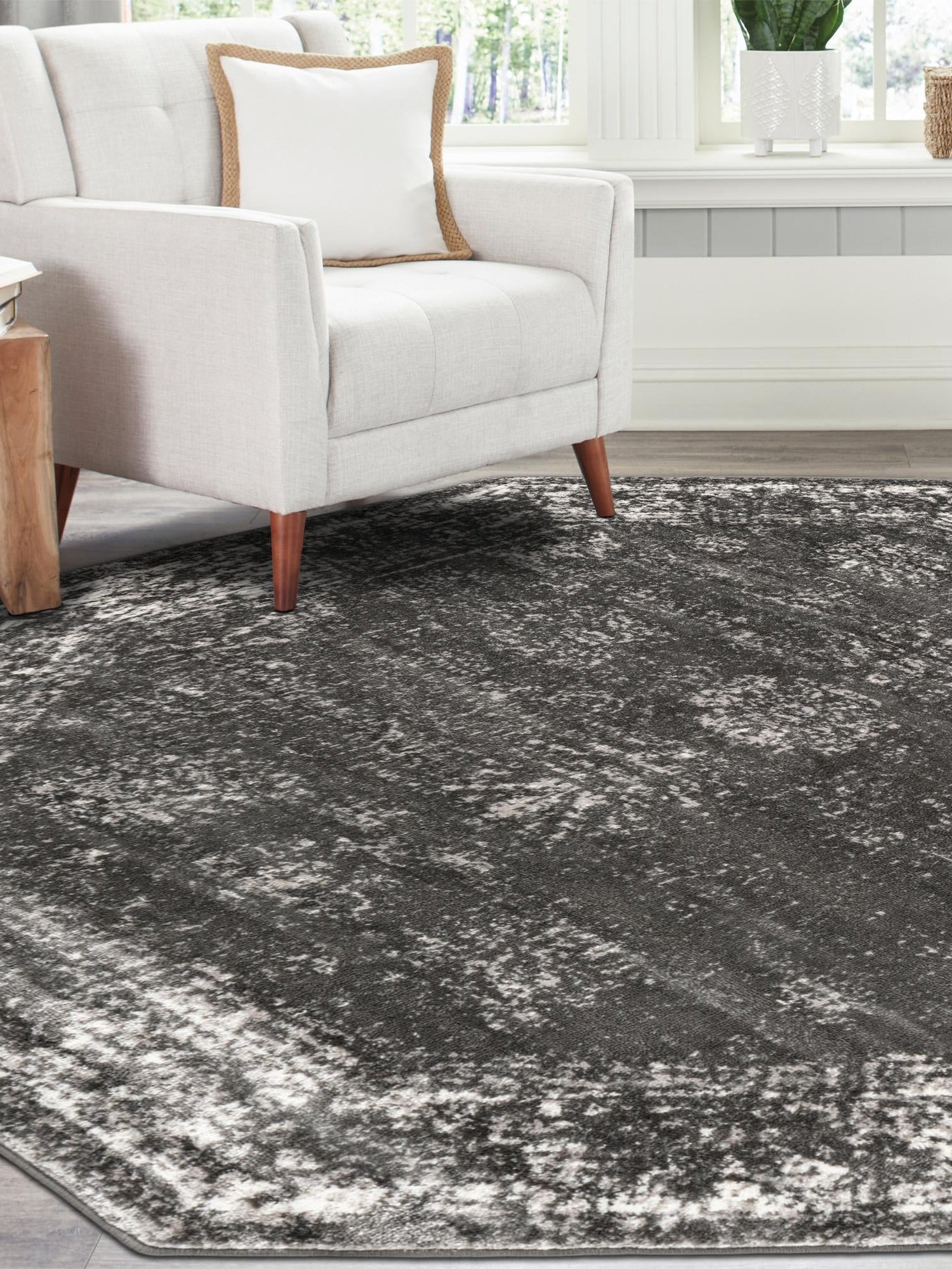 Dark Gray 6' 1 x 6' 1 Sofia Octagon Area Rug Durable Easy Clean Stain Resistant Unique Carpet for Affordable Interior Home Design for Sale at Rug Engine