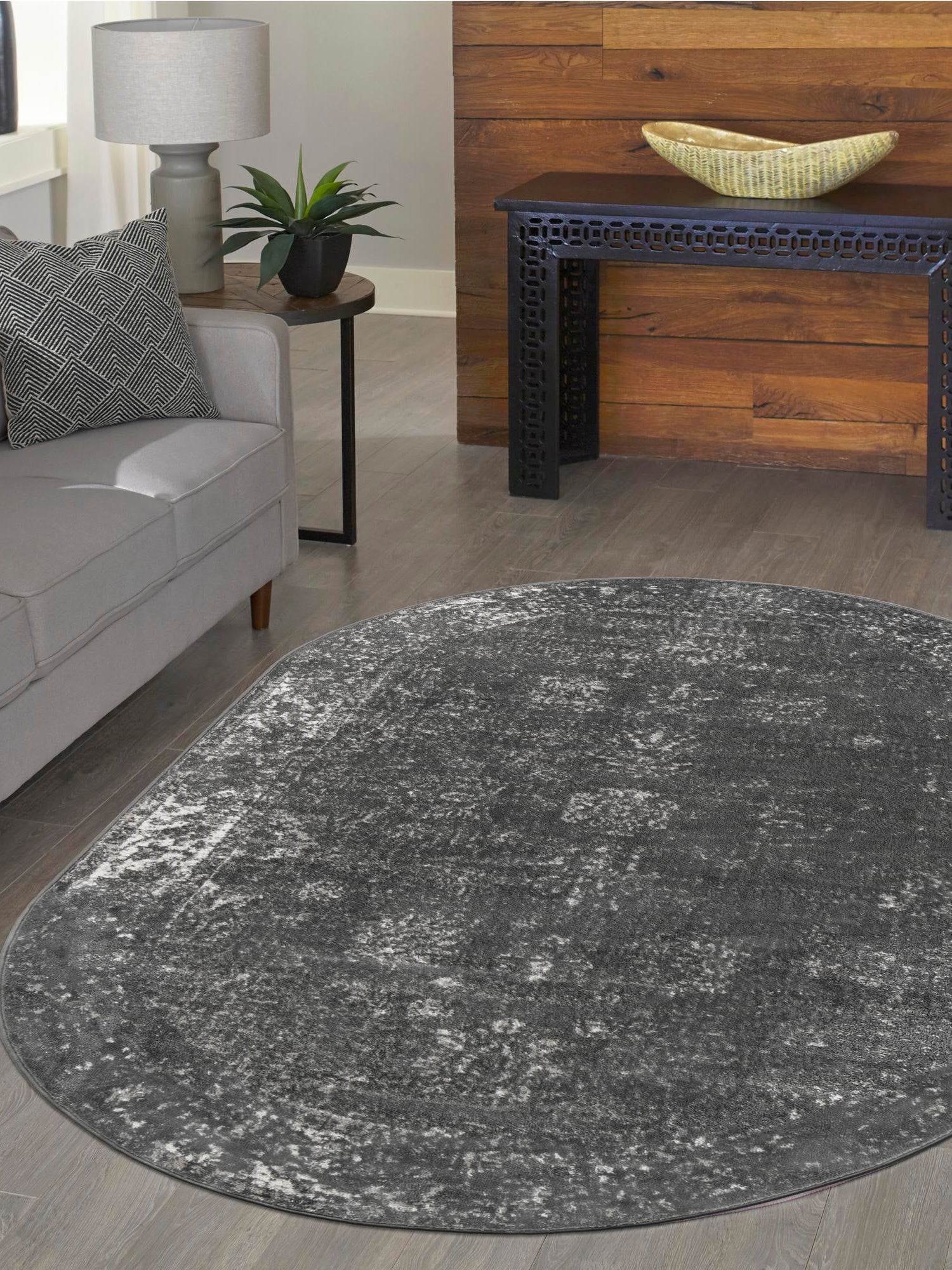 Dark Gray 7' 10 x 10' Sofia Oval Area Rug Durable Easy Clean Stain Resistant Unique Carpet for Affordable Interior Home Design for Sale at Rug Engine