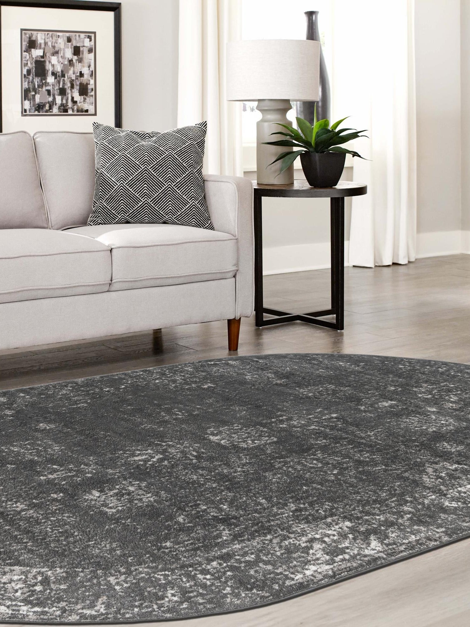 Dark Gray 7' 10 x 10' Sofia Oval Area Rug Durable Easy Clean Stain Resistant Unique Carpet for Affordable Interior Home Design for Sale at Rug Engine