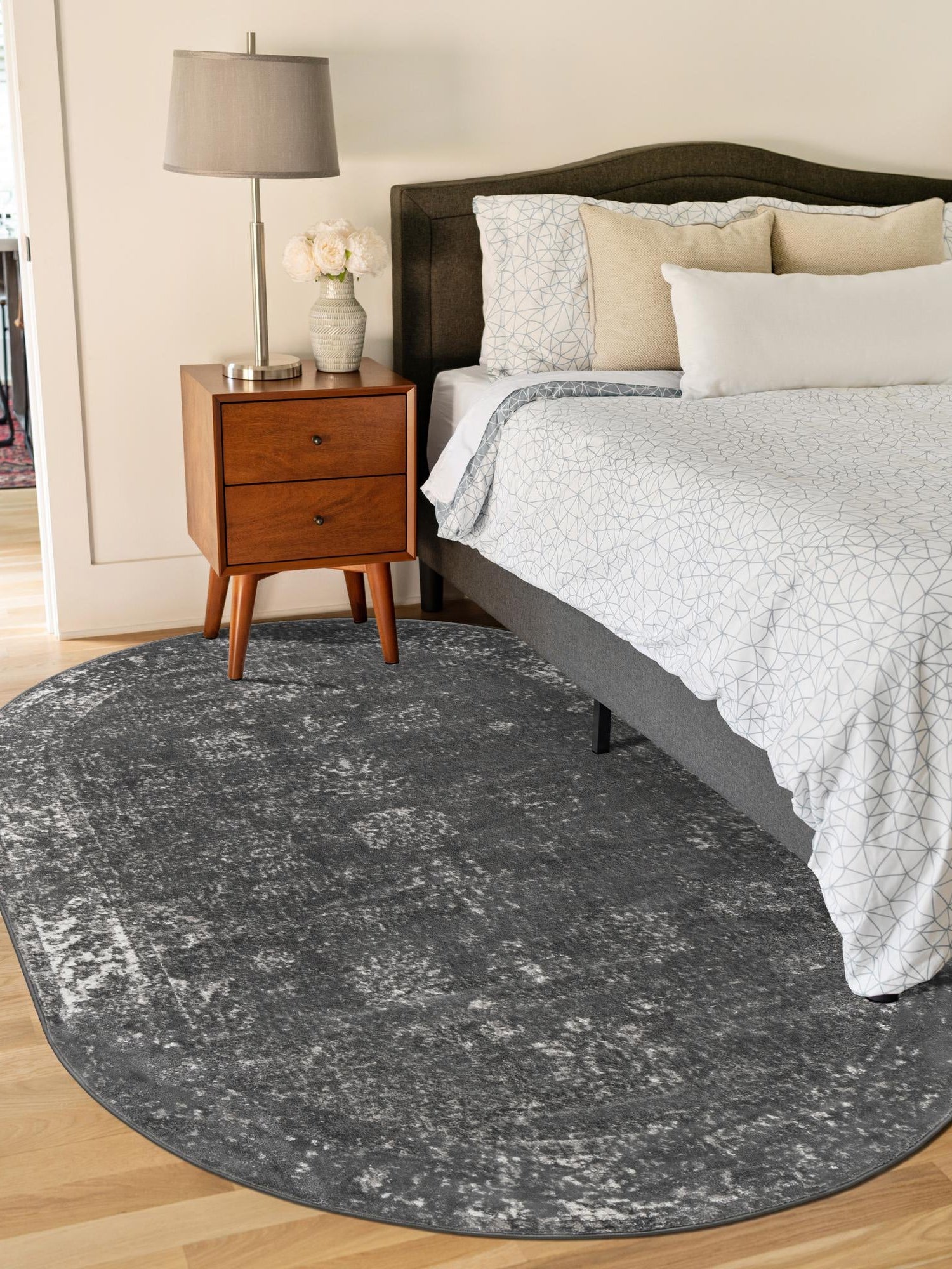 Dark Gray 5' 3 x 8' Sofia Oval Area Rug Durable Easy Clean Stain Resistant Unique Carpet for Affordable Interior Home Design for Sale at Rug Engine