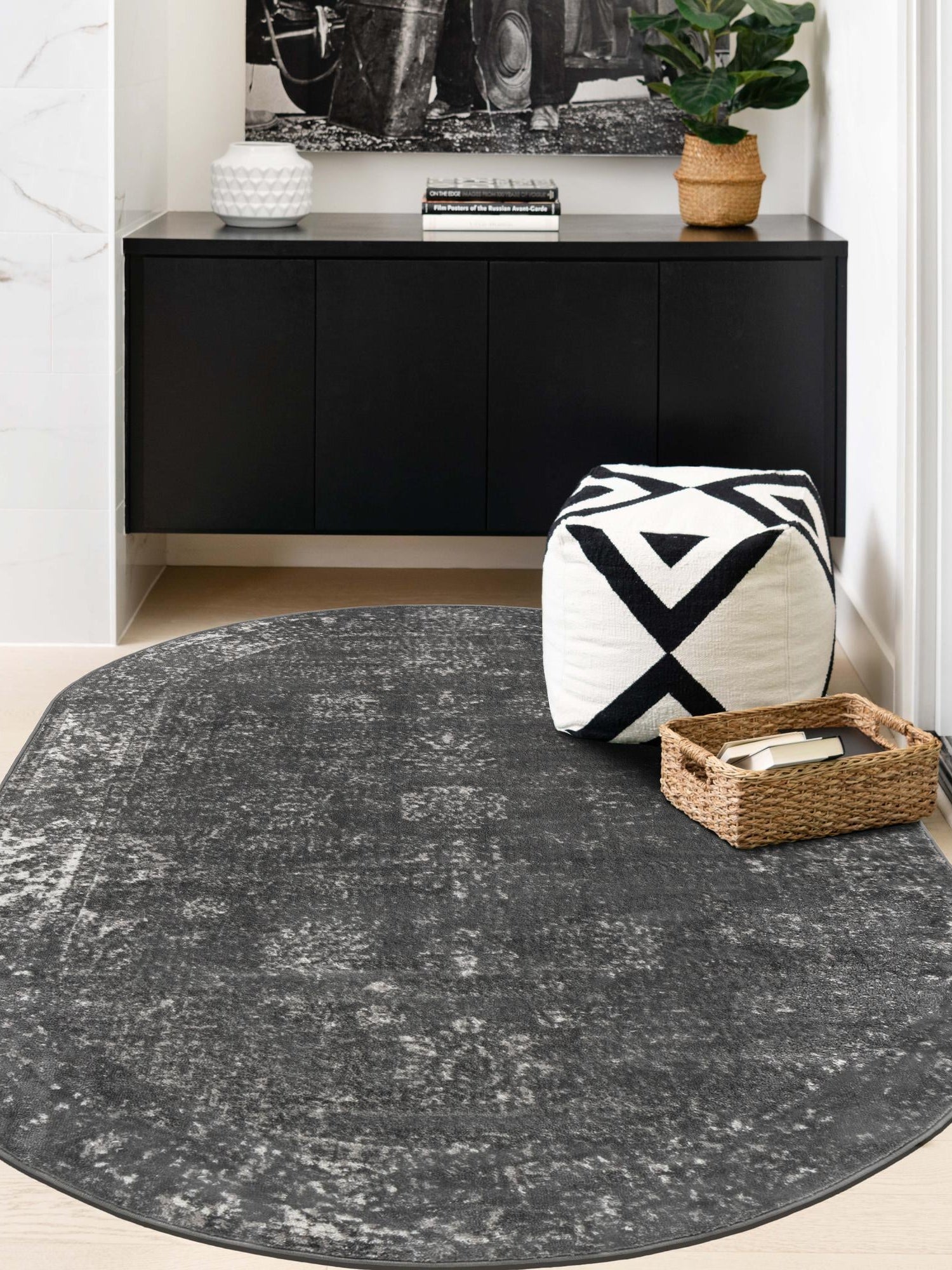 Dark Gray 5' 3 x 8' Sofia Oval Area Rug Durable Easy Clean Stain Resistant Unique Carpet for Affordable Interior Home Design for Sale at Rug Engine
