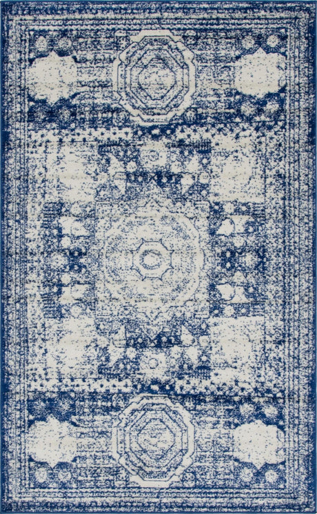 Ivory and Blue 1' 4 x 1' 4 Bromley Sample Area Rug 100% Polypropylene With Cotton Backing Vintage Distressed Colorful Traditional Carpet for Living Dining Rooms Offices for Sale at Rug Engine