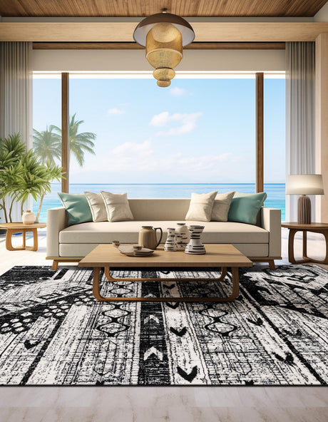 Black and White 7' 10 x 7' 10 Portland Square Area Rug 85% Polypropylene & 15% Polyester Vintage Distressed Traditional Carpet for Home Decor for Sale at Rug Engine