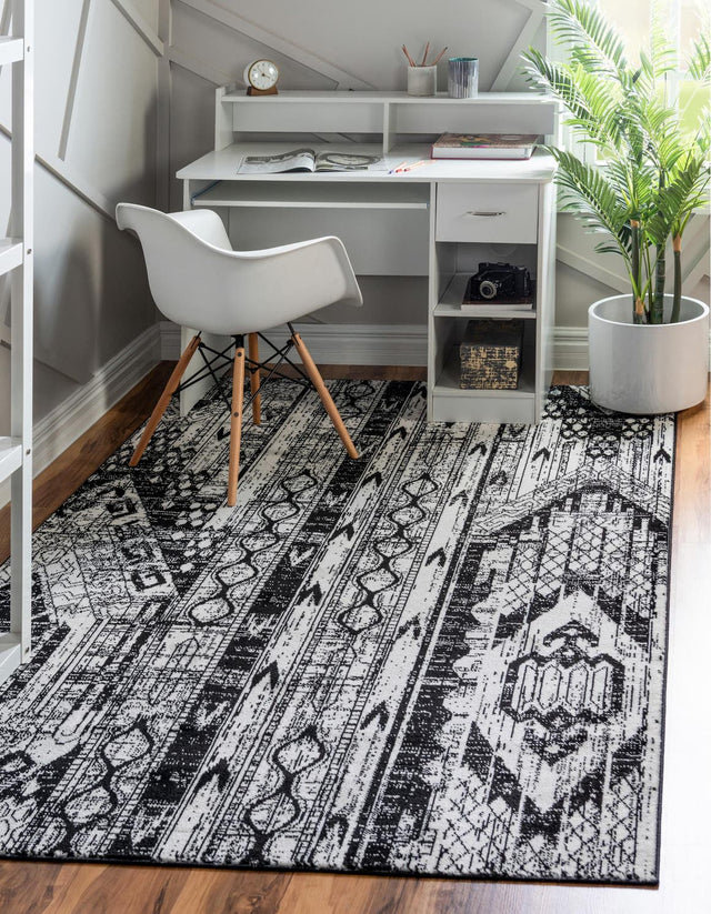 Black and White 7' 10 x 11' Portland Rectangle Area Rug 85% Polypropylene & 15% Polyester Vintage Distressed Traditional Carpet for Home Decor for Sale at Rug Engine