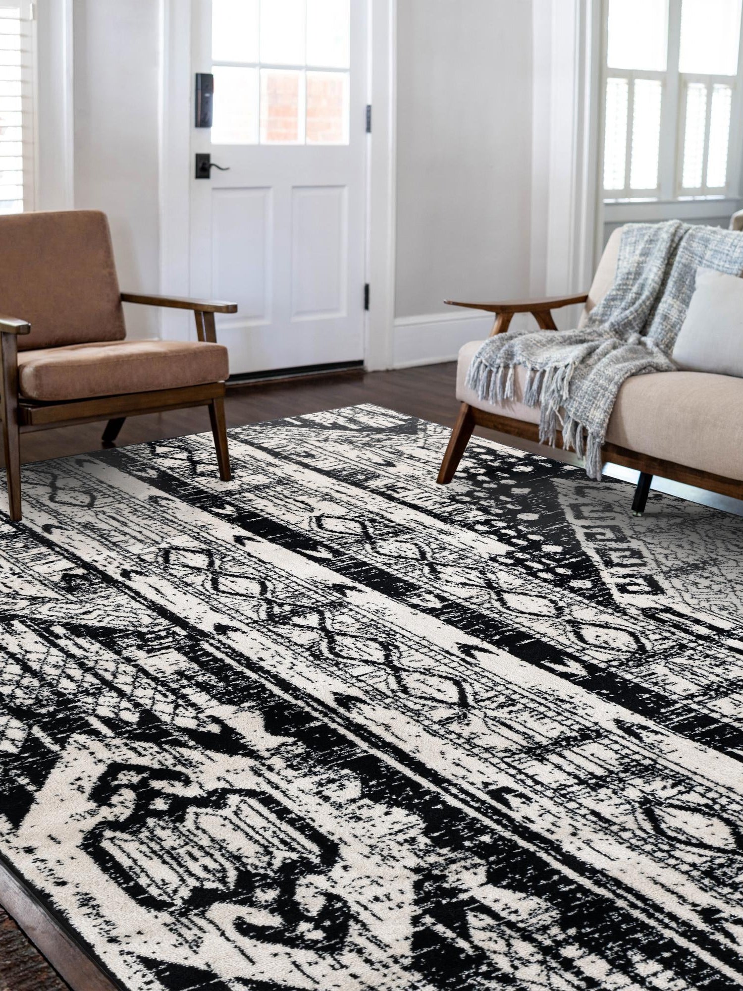 Black and White 7' 10 x 11' Portland Rectangle Area Rug 85% Polypropylene & 15% Polyester Vintage Distressed Traditional Carpet for Home Decor for Sale at Rug Engine