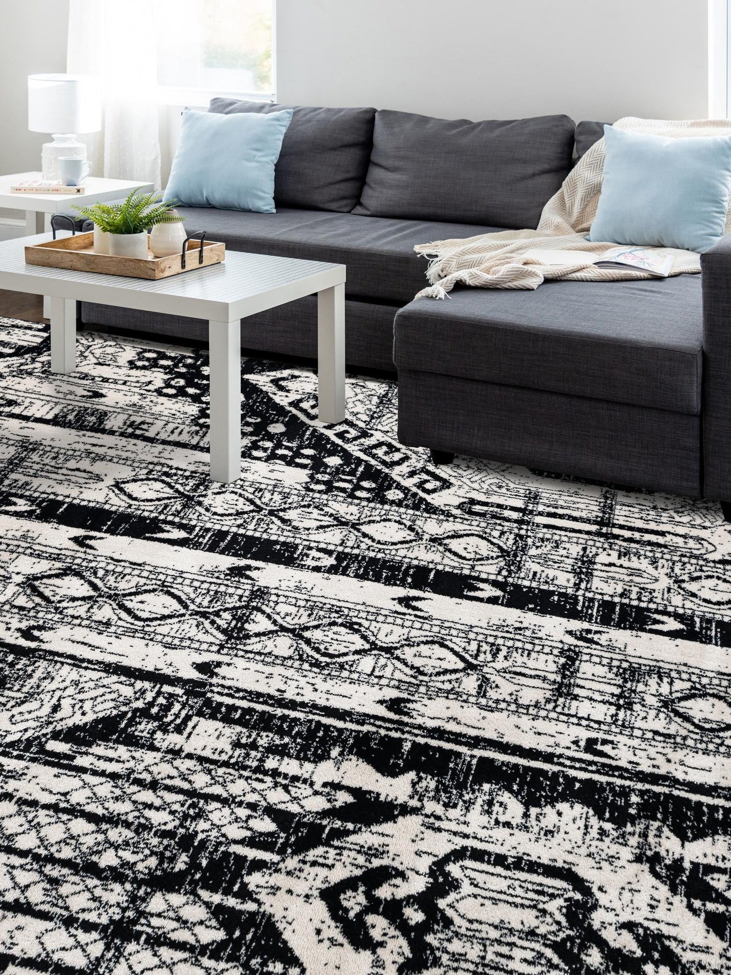 Black and White 7' 10 x 11' Portland Rectangle Area Rug 85% Polypropylene & 15% Polyester Vintage Distressed Traditional Carpet for Home Decor for Sale at Rug Engine
