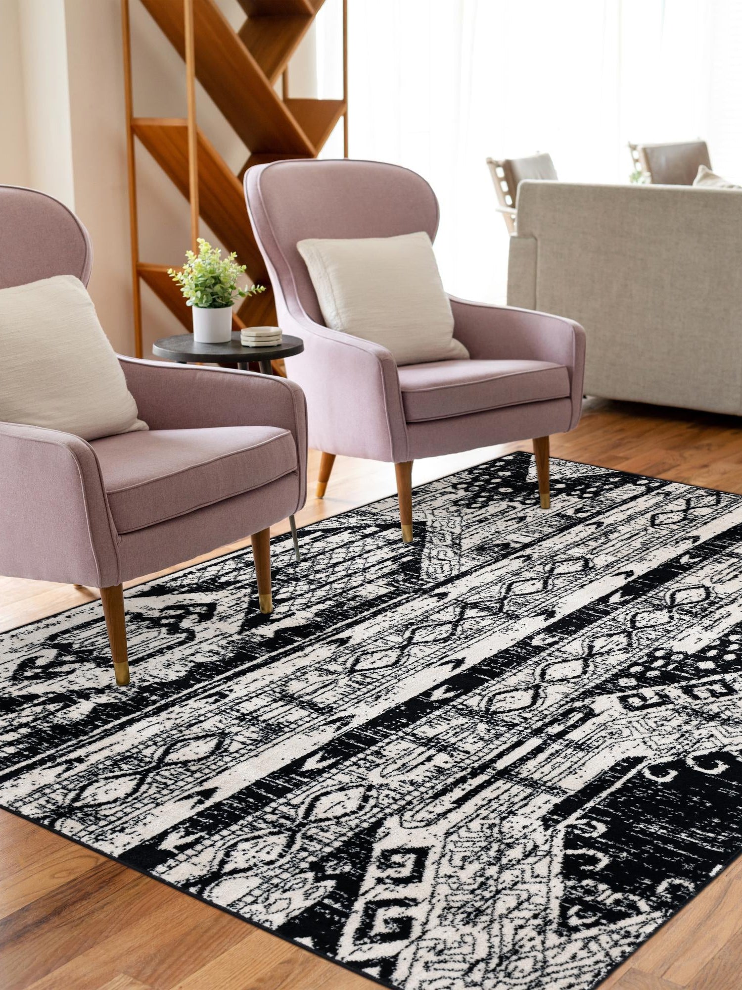 Black and White 7' 10 x 11' Portland Rectangle Area Rug 85% Polypropylene & 15% Polyester Vintage Distressed Traditional Carpet for Home Decor for Sale at Rug Engine