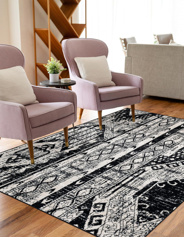 Black and White 7' 10 x 11' Portland Rectangle Area Rug 85% Polypropylene & 15% Polyester Vintage Distressed Traditional Carpet for Home Decor for Sale at Rug Engine