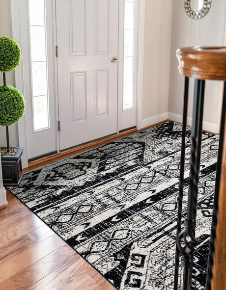 Black and White 7' 1 x 10' Portland Rectangle Area Rug 85% Polypropylene & 15% Polyester Vintage Distressed Traditional Carpet for Home Decor for Sale at Rug Engine