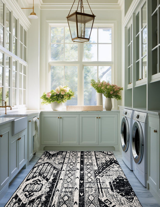 Black and White 7' 10 x 11' Portland Rectangle Area Rug 85% Polypropylene & 15% Polyester Vintage Distressed Traditional Carpet for Home Decor for Sale at Rug Engine