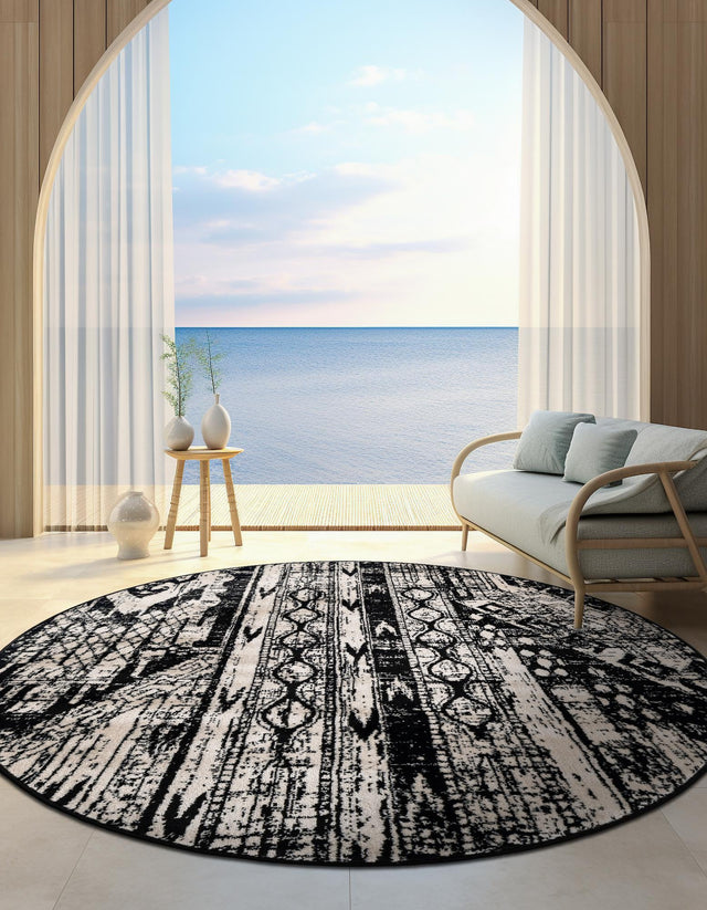 Black and White 7' 1 x 7' 1 Portland Round Area Rug 85% Polypropylene & 15% Polyester Vintage Distressed Traditional Carpet for Home Decor for Sale at Rug Engine
