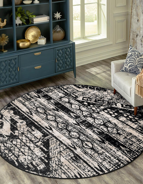 Black and White 7' 1 x 7' 1 Portland Round Area Rug 85% Polypropylene & 15% Polyester Vintage Distressed Traditional Carpet for Home Decor for Sale at Rug Engine