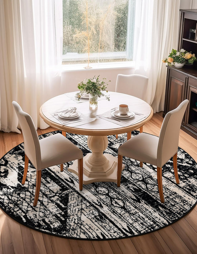 Black and White 7' 1 x 7' 1 Portland Round Area Rug 85% Polypropylene & 15% Polyester Vintage Distressed Traditional Carpet for Home Decor for Sale at Rug Engine