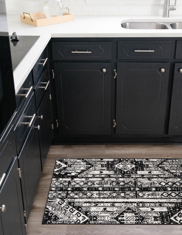 Black and White 2' 2 x 12' Portland Runner Area Rug 85% Polypropylene & 15% Polyester Vintage Distressed Traditional Carpet for Home Decor for Sale at Rug Engine