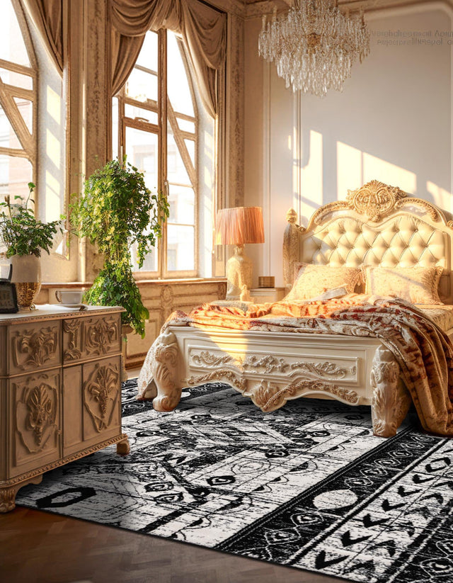 Black and White 7' 10 x 7' 10 Portland Square Area Rug 85% Polypropylene & 15% Polyester Vintage Distressed Traditional Carpet for Home Decor for Sale at Rug Engine