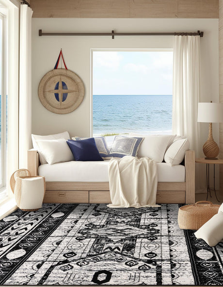 Black and White 4' 1 x 4' 1 Portland Square Area Rug 85% Polypropylene & 15% Polyester Vintage Distressed Traditional Carpet for Home Decor for Sale at Rug Engine