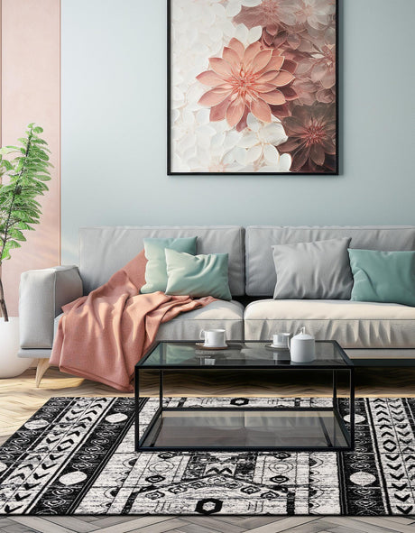 Black and White 4' 1 x 4' 1 Portland Square Area Rug 85% Polypropylene & 15% Polyester Vintage Distressed Traditional Carpet for Home Decor for Sale at Rug Engine