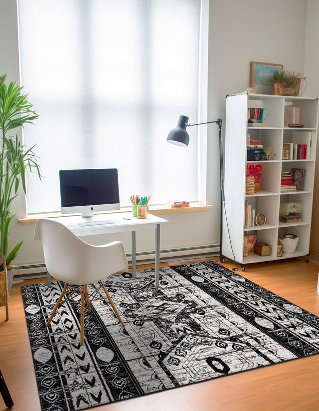 Black and White 4' 1 x 4' 1 Portland Square Area Rug 85% Polypropylene & 15% Polyester Vintage Distressed Traditional Carpet for Home Decor for Sale at Rug Engine