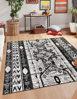 Black and White 6' 1 x 6' 1 Portland Square Area Rug 85% Polypropylene & 15% Polyester Vintage Distressed Traditional Carpet for Home Decor for Sale at Rug Engine