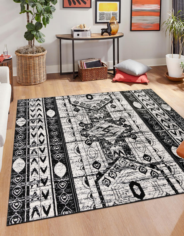 Black and White 7' 10 x 7' 10 Portland Square Area Rug 85% Polypropylene & 15% Polyester Vintage Distressed Traditional Carpet for Home Decor for Sale at Rug Engine