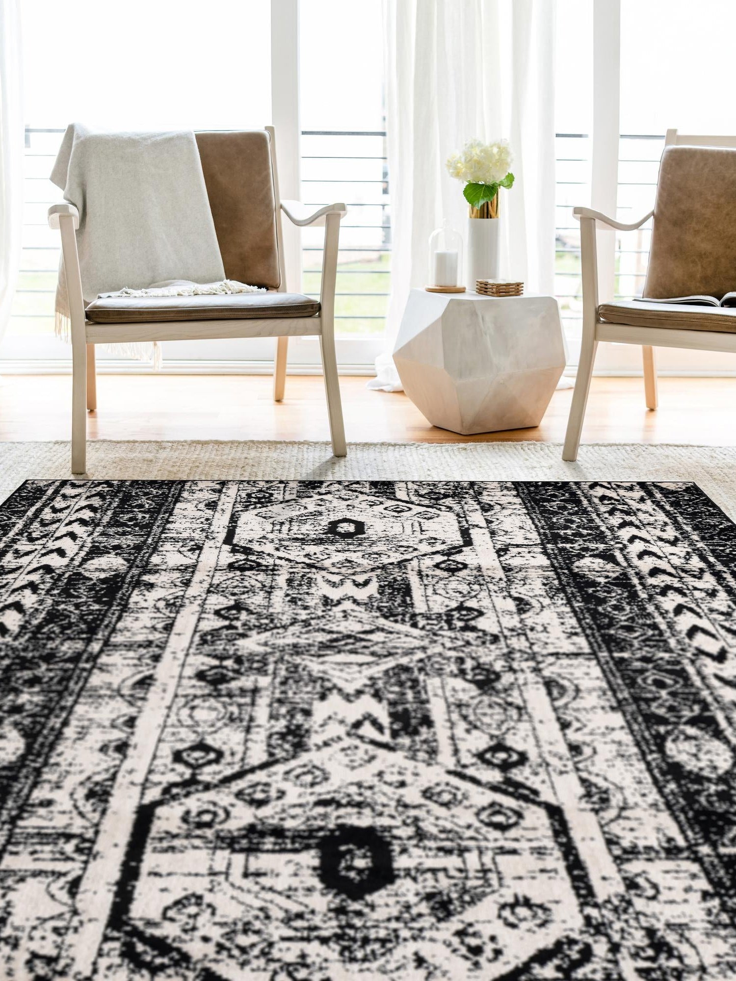 Black and White 5' 3 x 8' Portland Rectangle Area Rug 85% Polypropylene & 15% Polyester Vintage Distressed Traditional Carpet for Home Decor for Sale at Rug Engine