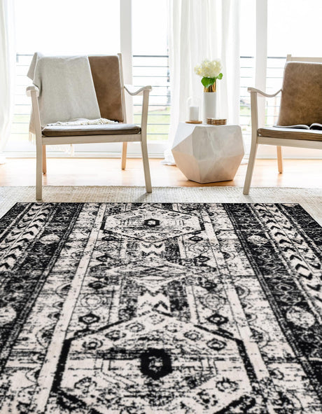 Black and White 7' 10 x 10' Portland Rectangle Area Rug 85% Polypropylene & 15% Polyester Vintage Distressed Traditional Carpet for Home Decor for Sale at Rug Engine