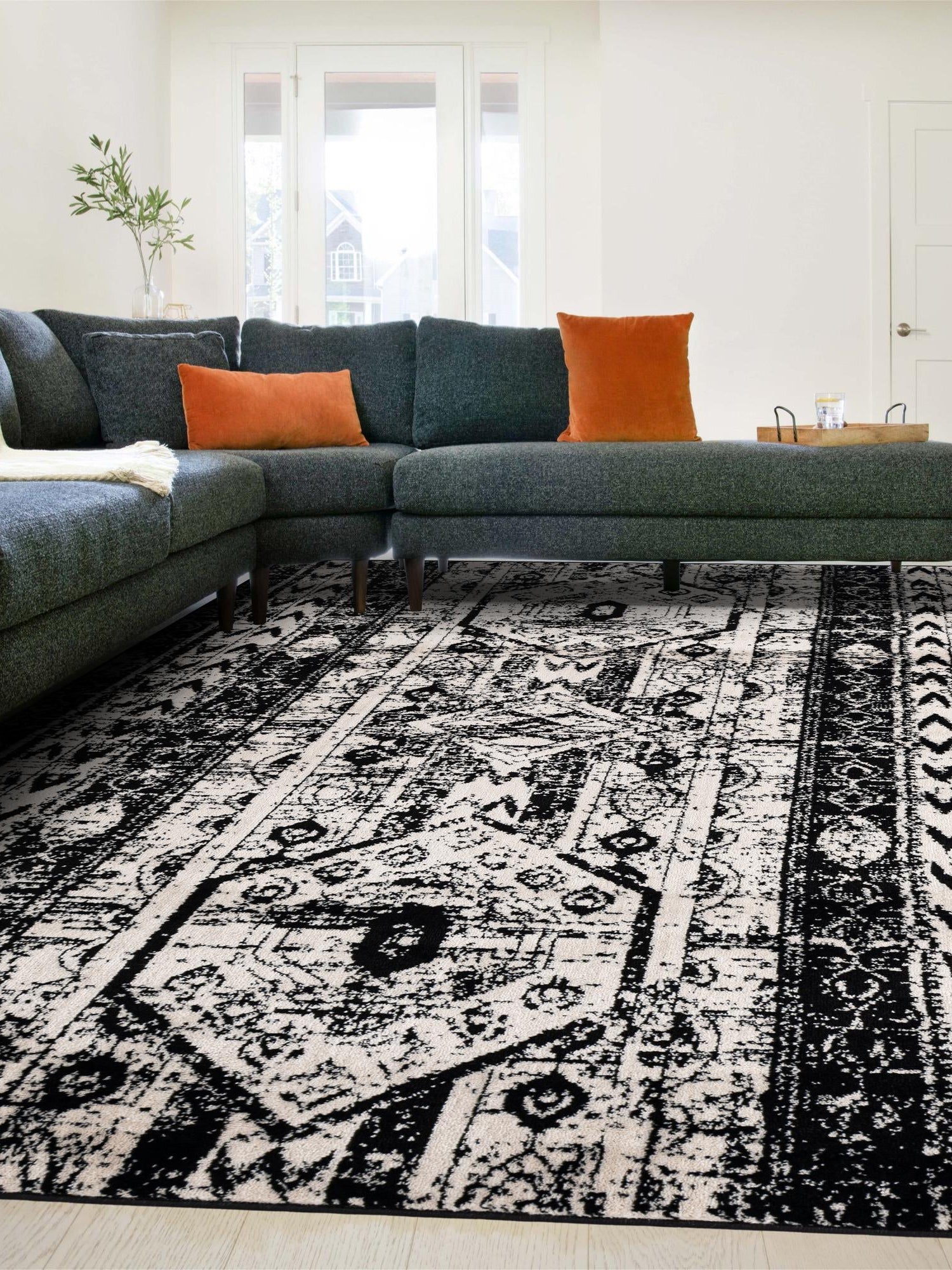 Black and White 7' 10 x 10' Portland Rectangle Area Rug 85% Polypropylene & 15% Polyester Vintage Distressed Traditional Carpet for Home Decor for Sale at Rug Engine