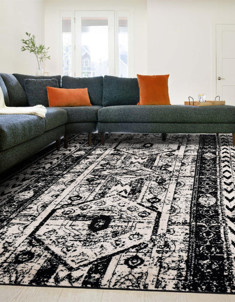 Black and White 7' 10 x 10' Portland Rectangle Area Rug 85% Polypropylene & 15% Polyester Vintage Distressed Traditional Carpet for Home Decor for Sale at Rug Engine