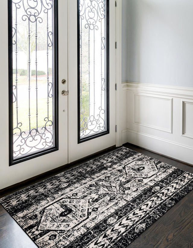 Black and White 6' 1 x 9' Portland Rectangle Area Rug 85% Polypropylene & 15% Polyester Vintage Distressed Traditional Carpet for Home Decor for Sale at Rug Engine