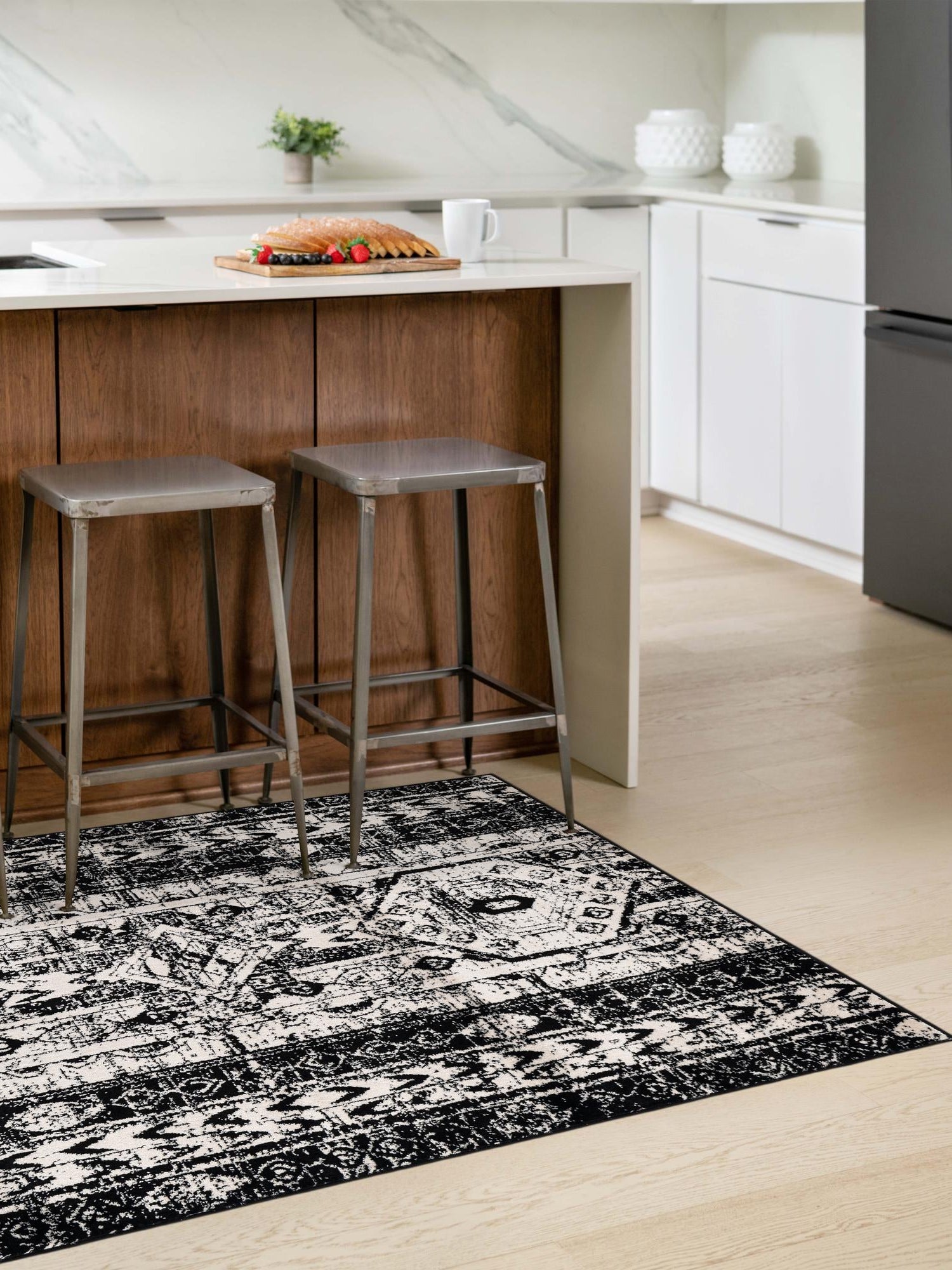 Black and White 7' 10 x 10' Portland Rectangle Area Rug 85% Polypropylene & 15% Polyester Vintage Distressed Traditional Carpet for Home Decor for Sale at Rug Engine