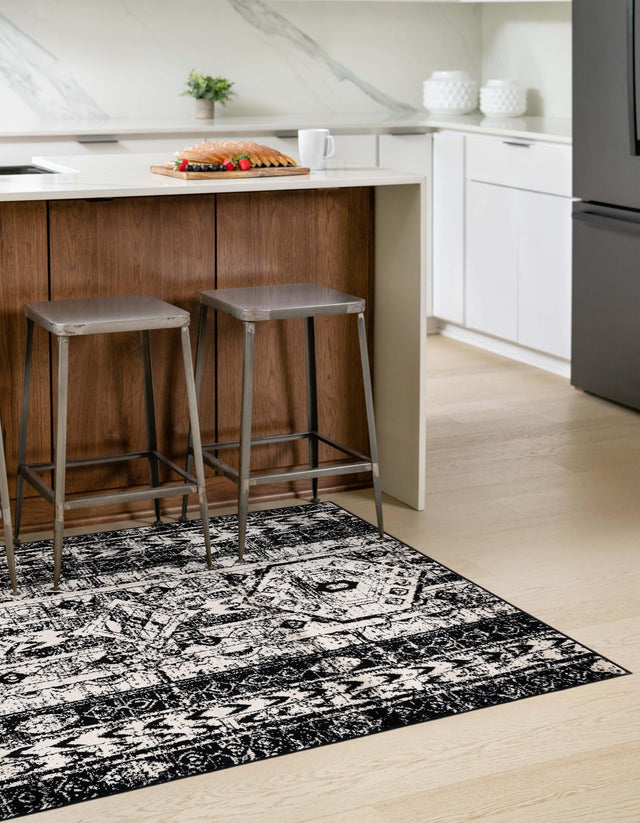 Black and White 7' 10 x 10' Portland Rectangle Area Rug 85% Polypropylene & 15% Polyester Vintage Distressed Traditional Carpet for Home Decor for Sale at Rug Engine
