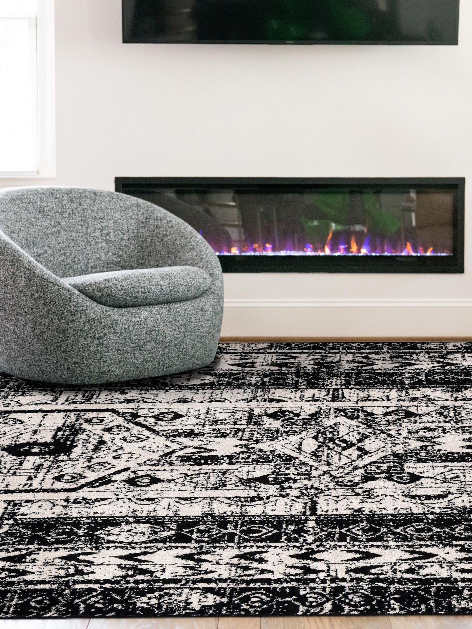 Black and White 7' 10 x 11' Portland Rectangle Area Rug 85% Polypropylene & 15% Polyester Vintage Distressed Traditional Carpet for Home Decor for Sale at Rug Engine