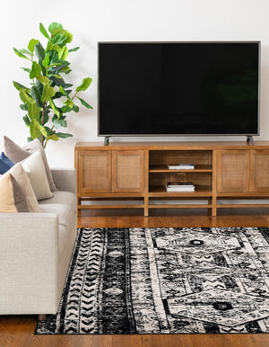 Black and White 7' 10 x 11' Portland Rectangle Area Rug 85% Polypropylene & 15% Polyester Vintage Distressed Traditional Carpet for Home Decor for Sale at Rug Engine