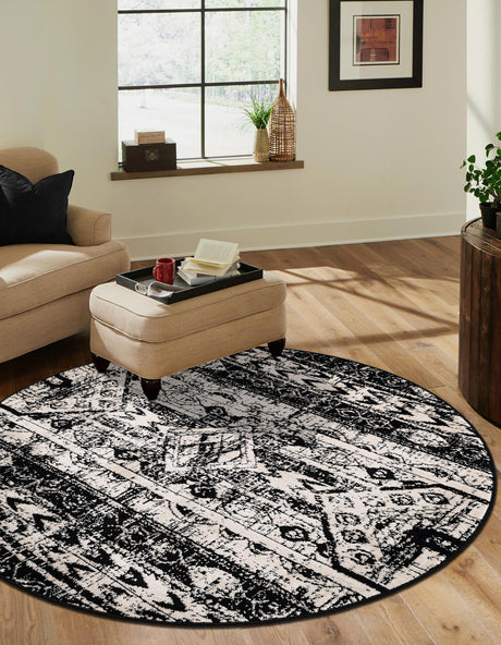 Black and White 3' 1 x 3' 1 Portland Round Area Rug 85% Polypropylene & 15% Polyester Vintage Distressed Traditional Carpet for Home Decor for Sale at Rug Engine