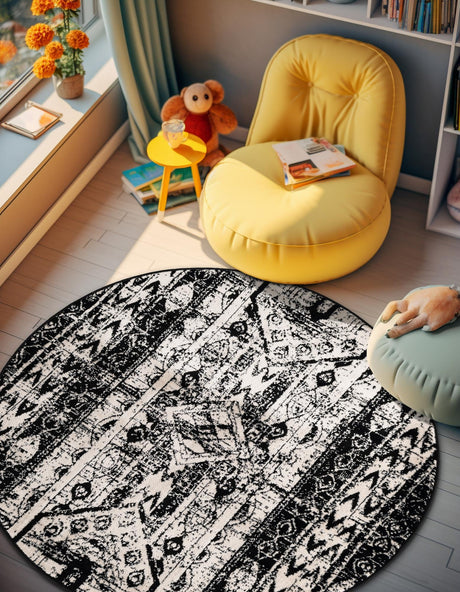 Black and White 5' 3 x 5' 3 Portland Round Area Rug 85% Polypropylene & 15% Polyester Vintage Distressed Traditional Carpet for Home Decor for Sale at Rug Engine